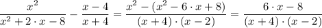 \dfrac{x^2}{x^2 +2 \cdot x - 8} - \dfrac{x - 4}{x + 4}  = \dfrac{x^2 -(x^2 -6 \cdot x + 8) }{(x + 4) \cdot (x - 2)} = \dfrac{6 \cdot x - 8 }{(x + 4) \cdot (x - 2)}