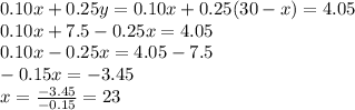 0.10x + 0.25y =0.10x + 0.25(30-x)=4.05\\0.10x+7.5-0.25x=4.05\\0.10x-0.25x=4.05-7.5\\-0.15x=-3.45\\x=\frac{-3.45}{-0.15} =23