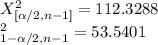 X^{2}_{[\alpha/2, n - 1]}   = 112.3288\\\X^{2} _{1 -\alpha/2,n- 1} = 53.5401