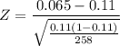 $Z=\frac{0.065 - 0.11}{\sqrt{\frac{0.11(1-0.11)}{258}}}$