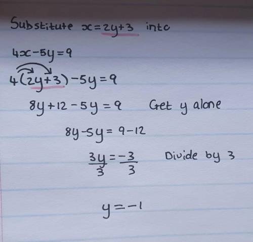 If x = 2y + 3 and 4x – 5y = 9, what is the value of y?
A. 2
B. 1
C. -1
D. -2