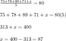 \frac{75+78+89+71+x}{5} =80\\\\75+78+89+71+x=80(5)\\\\313+x=400\\\\x=400-313=87