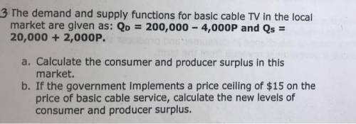 The demand and supply functions for basic cable TV in the local market are given as: Calculate the c