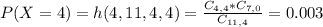 P(X = 4) = h(4,11,4,4) = \frac{C_{4,4}*C_{7,0}}{C_{11,4}} = 0.003