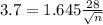 3.7 = 1.645\frac{28}{\sqrt{n}}