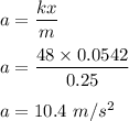 a=\dfrac{kx}{m}\\\\a=\dfrac{48\times 0.0542}{0.25}\\\\a=10.4\ m/s^2