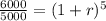 \frac{6000}{5000} = (1+r)^5