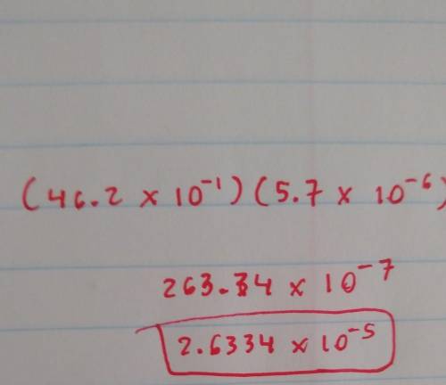 Determine the product of (46.2 × 10^-1) ⋅ (5.7 × 10^–6). Write your answer in scientific notation.