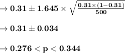 \to \bold{0.31 \pm 1.645\times \sqrt{\frac{0.31\times (1-0.31)}{500}}}\\\\ \to \bold{0.31 \pm 0.034}\\\\ \to \bold{0.276 < p < 0.344}
