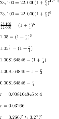 23,100=22,000(1+\frac{r}{4})^{4\times 1.5}\\\\23,100=22,000(1+\frac{r}{4})^{6}\\\\\frac{23,100}{22,000}=(1+\frac{r}{4})^{6}\\\\1.05=(1+\frac{r}{4})^{6}\\\\1.05^{\frac{1}{6}}=(1+\frac{r}{4})\\\\1.008164846=(1+\frac{r}{4})\\\\1.008164846-1=\frac{r}{4}\\\\0.008164846=\frac{r}{4}\\\\r=0.008164846\times 4\\\\r=0.03266\\\\r=3.266\% \approx 3.27\%