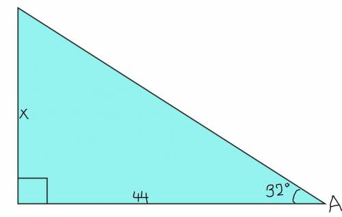 In a right triangle ∠A = 32° with an adjacent side of 44 what is the length of the opposite side, x?