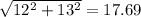 \sqrt{12^2+13^2}=17.69
