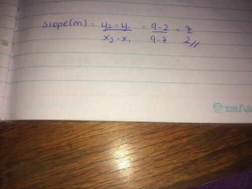 Find the slope of the line that passes through (7, 2) and (9, 9).

Simplify your answer and write it