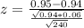 z = \frac{0.95 - 0.94}{\frac{\sqrt{0.94*0.06}}{\sqrt{240}}}
