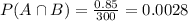 P(A \cap B) = \frac{0.85}{300} = 0.0028
