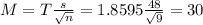 M = T\frac{s}{\sqrt{n}} = 1.8595\frac{48}{\sqrt{9}} = 30