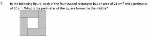 Each of the four shaded rectangles has an area of 21 cm square and a perimeter of 20cm what is the p