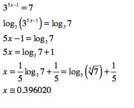 Consider the following.

3^5x − 1 = 7
(a) Find the exact solution of the exponential equation in ter