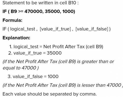 Enter a formula in cell B10 to return the value of 35000 if the net profit after tax cell B9 is grea