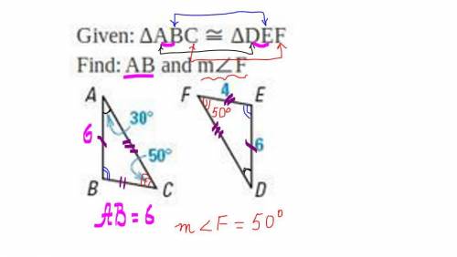 Find the specified lengths and measures. Given: ΔABC≅ΔDEF Find: AB and m∠F