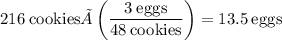 216\:\text{cookies}×\left(\dfrac{3\:\text{eggs}}{48\:\text{cookies}}\right) = 13.5\:\text{eggs}