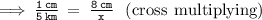 \bf \large{\pink{  \implies}} \tt  \:  \frac{1 \: cm}{5 \: km}  \:  =  \:  \frac{8 \: cm}{x}  \:  \:  \: \rm{\red{ (cross \:  \: multiplying)}}