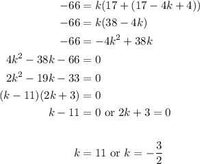 \displaystyle \begin{aligned} -66 &= k(17 + (17 - 4k + 4)) \\ -66 &= k(38 -4k) \\ -66 &= -4k^2 + 38k \\ 4k^2  -38k -66 &= 0 \\ 2k^2 - 19k -33 &= 0 \\ (k-11)(2k+3) &= 0 \\ k-11&= 0 \text{ or } 2k+3 = 0 \\ \\ k &= 11 \text{ or } k = -\frac{3}{2}\end{aligned}
