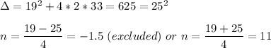 \Delta=19^2+4*2*33=625=25^2\\\\n=\dfrac{19-25}{4} =-1.5\ (excluded)\ or\ n=\dfrac{19+25}{4}=11\\\\