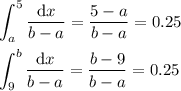 \displaystyle \int_a^5\frac{\mathrm dx}{b-a} = \frac{5-a}{b-a} = 0.25 \\\\ \int_9^b \frac{\mathrm dx}{b-a} = \frac{b-9}{b-a} = 0.25