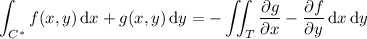 \displaystyle \int_{C^*} f(x,y)\,\mathrm dx + g(x,y)\,\mathrm dy = -\iint_T \frac{\partial g}{\partial x}-\frac{\partial f}{\partial y} \,\mathrm dx\,\mathrm dy