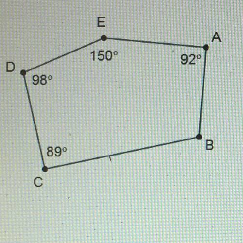 What is the measure of angle B of the pentagon? Angle E 150° Angle A 92° Angle D 98° Angle C 89°