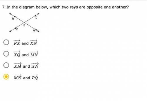 In the diagram below, which two rays are opposite one another?
