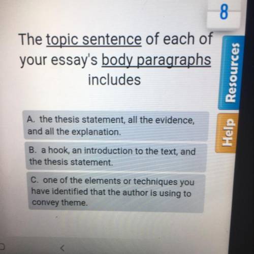 The topic sentence of each of your essays body paragraphs includes?