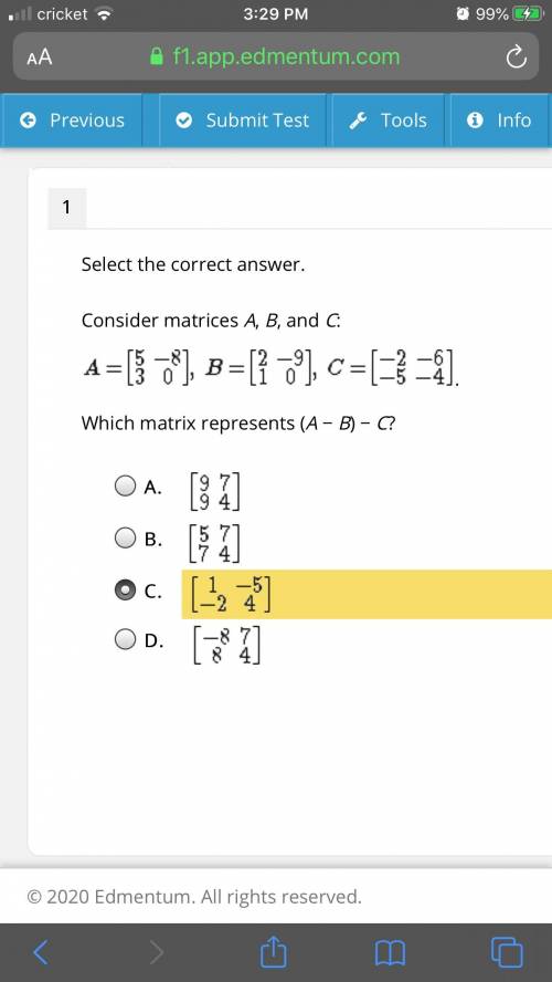 Consider matrices A, B, and C:  . Which matrix represents (A − B) − C?
