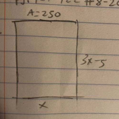 Find the area of a rectangle  A=250 height- 3x-5 width- x