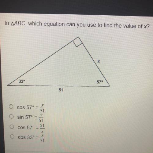 In (triangle)ABC which equation can you use to find the value of x? Please Help !!