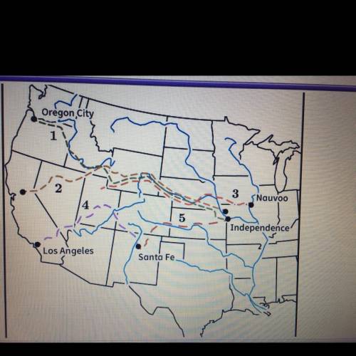 This is the trials west in the 1840s Which line represents the Oregon trail? What was one one geogra