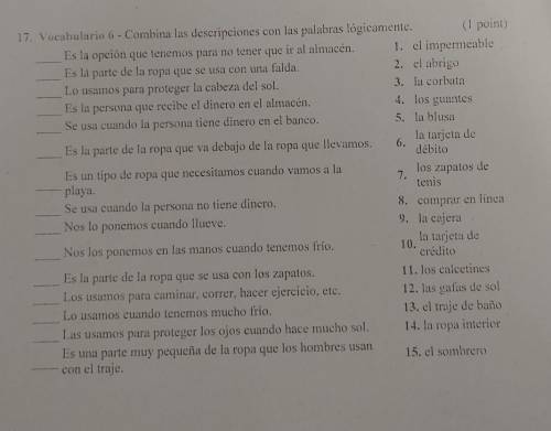 Spanish Vocabulary - Combina Las descripciones con las palabras lógicamente.