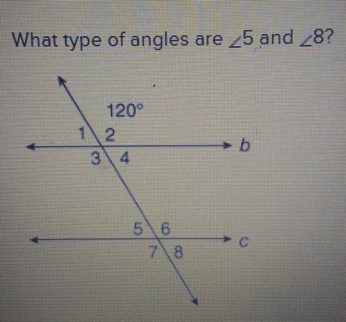 What type of angles are 5 and 8? a. vertical b. supplementary c. corresponding d. complementary