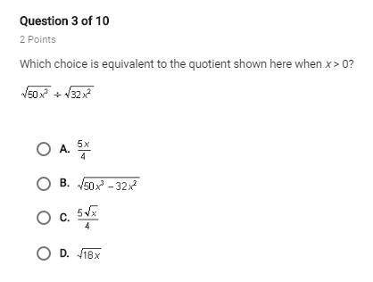Which choice is equivalent to the quotient shown here when x>0?