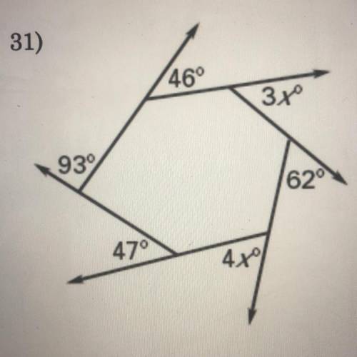 Give the equation that you would use to solve for exterior angles. Solve for x.