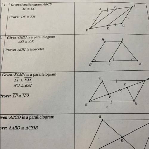 A Plethora of Parallelogram Proofs 1. Given: Parallelogram ABCD AFEC Prove: DF = EB (First one)