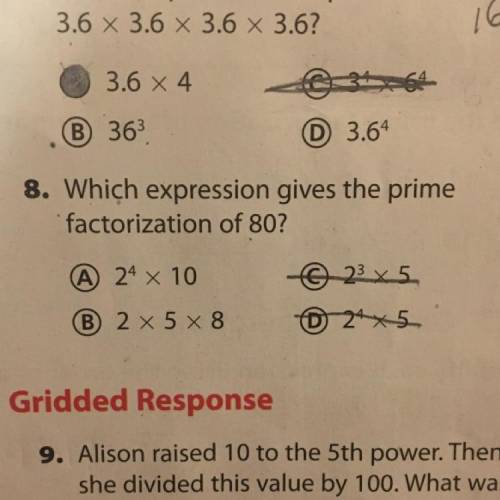 Which expression gives the prime factorization of 80? I need help please..