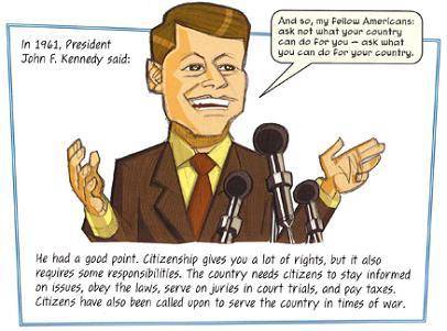 Read President Kennedy's quote in the speech bubble from Citizenship. How does this quote reinforce