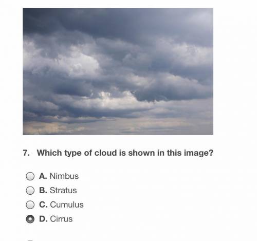 Which type of cloud is shown in the image?  A.nimbus  B.stratus  C.cumulus  D.cirrus