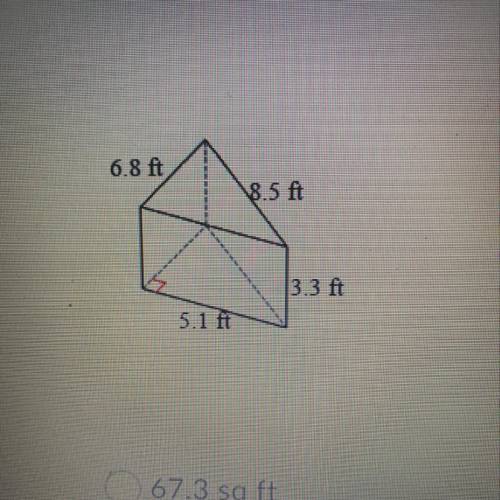Find the lateral surface area of the figure to the nearest tenth.  A. 67.3 sq ft B. 99.9 sq ft C. 10