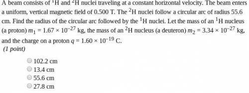 A beam consists of ^1H and ^2H nuclei traveling at a constant horizontal velocity. The beam enters a