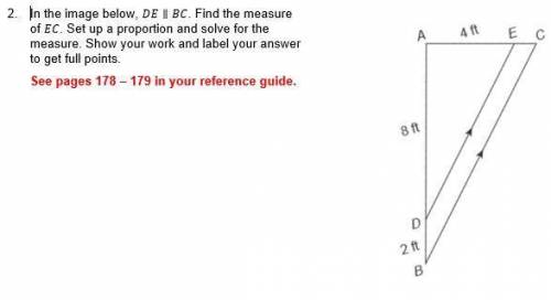In the image below, DE ∥ BC. Find the measure of EC. Set up a proportion and solve for the measure.