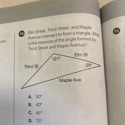 Elm Street, Third Street, and Maple Avenue intersect to form a triangle. What is the measure of the