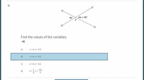 Find the values of the variables. A) x = 8, z = 172  B) x = 8, z = 132  C) x = 8, z = 112  D) x =  5